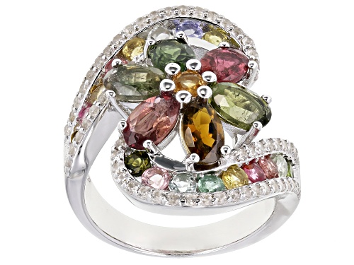 Photo of 2.85ctw Multi Tourmaline With 0.60ctw Round White Zircon Rhodium Over Sterling Silver Ring - Size 7