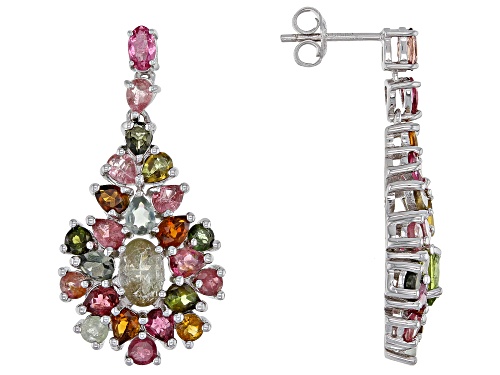 6.30ctw Oval, Pear, And Round Multi Tourmaline Rhodium Over Sterling Silver Drop Earrings