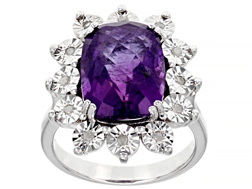 Photo of 6.35ct Rectangular African Amethyst With .10ctw Round Diamond Rhodium Over Sterling Silver Ring - Size 9