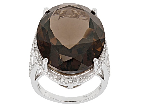 25.00CT OVAL SMOKY QUARTZ WITH .60CTW ROUND WHITE ZIRCON STERLING SILVER RING - Size 6