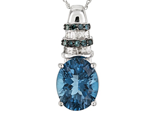 4.14CT OVAL LONDON BLUE TOPAZ WITH BLUE &  WHITE DIAMOND ACCENT 14K WHITE GOLD PENDANT W/CHAIN