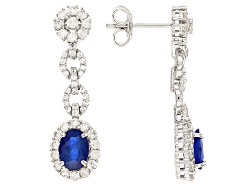 2.80CTW OVAL BLUE SPINEL WITH 1.65CTW ROUND WHITE ZIRCON SILVER DANGLE EARRINGS