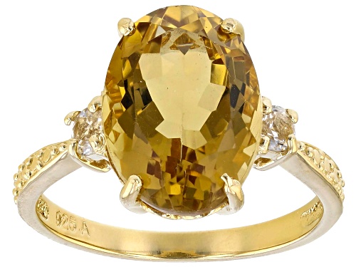 6.00CT OVAL BRAZILIAN CITRINE WITH .50CTW ROUND WHITE TOPAZ 18K YELLOW GOLD OVER SILVER RING - Size 9