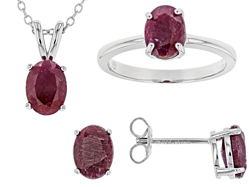 6.00CTW OVAL INDIAN RUBY RHODIUM OVER STERLING SILVER RING, PENDANT, CHAIN & EARRINGS JEWELRY SET