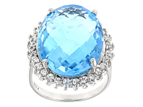 14.13CT OVAL, CHECKERBOARD CUT SKY BLUE TOPAZ WITH .65CTW ROUND WHITE TOPAZ RHODIUM OVER SILVER RING - Size 8