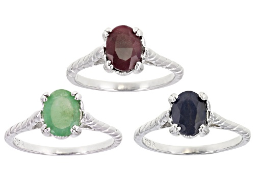 4.50ctw Oval Ruby, Emerald, and Blue Sapphire Rhodium Over Sterling Silver Set of 3 Rings - Size 9