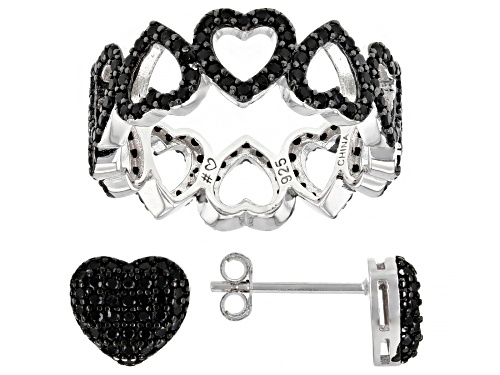 1.94CTW ROUND BLACK SPINEL RHODIUM OVER STERLING SILVER HEART ETERNITY RING & EARRING SET - Size 10