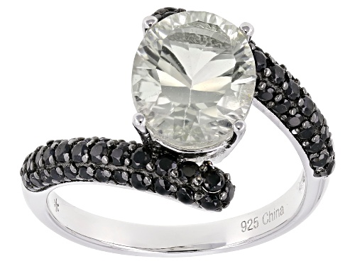 2.00CT OVAL, QUANTUM(R) Prasiolite WITH .40CTW ROUND BLACK SPINEL RHODIUM OVER SILVER RING - Size 9