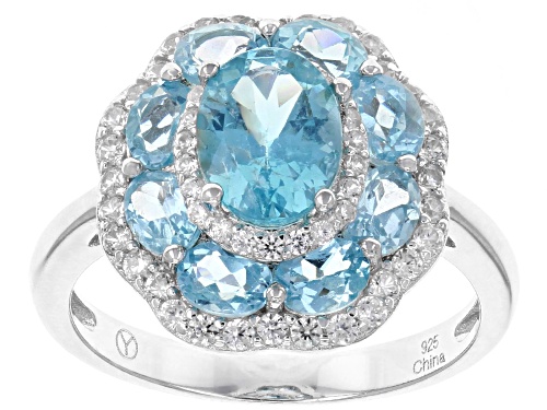 2.55CTW OVAL BLUE APATITE WITH .60CTW ROUND WHITE ZIRCON RHODIUM OVER STERLING SILVER RING - Size 10