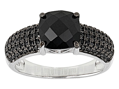 2.92ctw 8mm Square Cushion Checkerboard Cut And Round Black Spinel Rhodium Over Sterling Silver Ring - Size 9