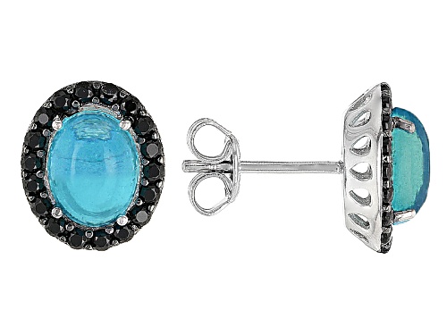 1.36ctw Paraiba Blue Color Opal And .64ctw Black Spinel Rhodium Over Sterling Silver Stud Earrings
