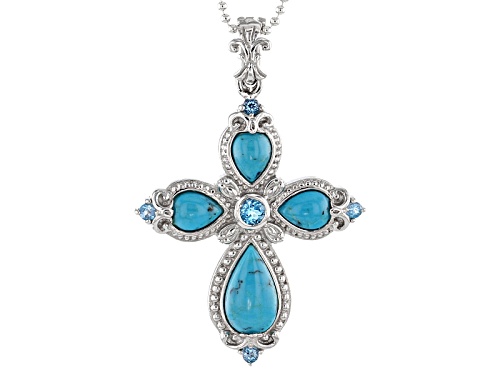 Pear Shape Turquoise And .66ctw Round Swiss Blue Topaz Rhodium Over Silver Cross Enhancer With Chain