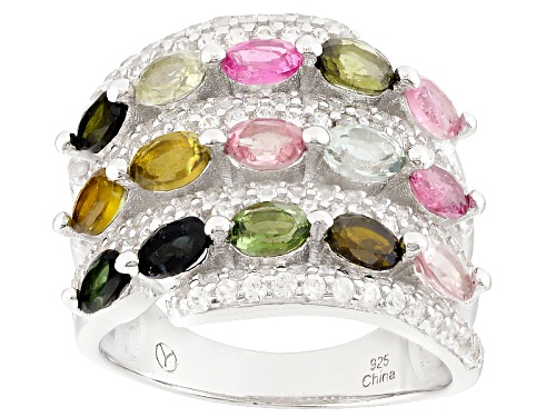 2.65ctw Oval Multi-Tourmaline With 1.15ctw Round White Zircon Sterling Silver Band Ring - Size 7