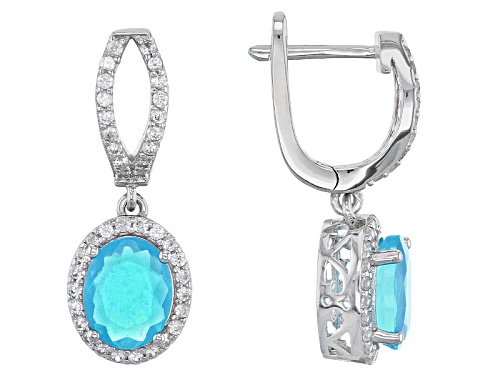 2.16ctw Paraiba Blue Color Opal With 1.12ctw White Zircon Rhodium Sterling Silver Dangle Earrings