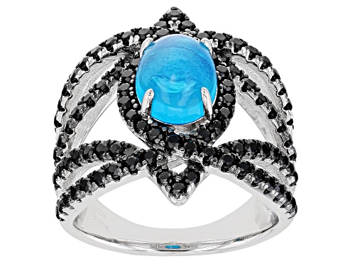 .63ct Oval Paraiba Blue Color Opal With 1.69ctw Black Spinel Rhodium Over Sterling Silver Ring - Size 8