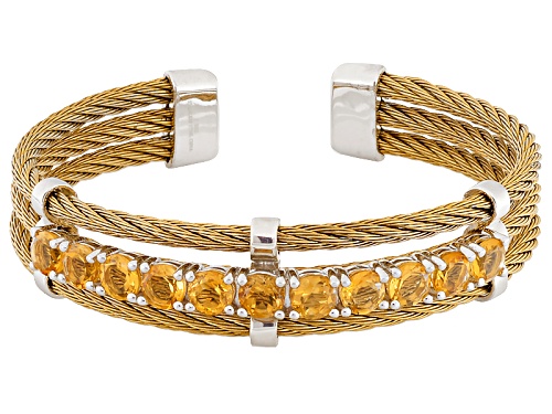 4.00ctw Round Yellow Citrine Sterling Silver With Gold Tone Stainless Steel Cable Cuff Bracelet - Size 7
