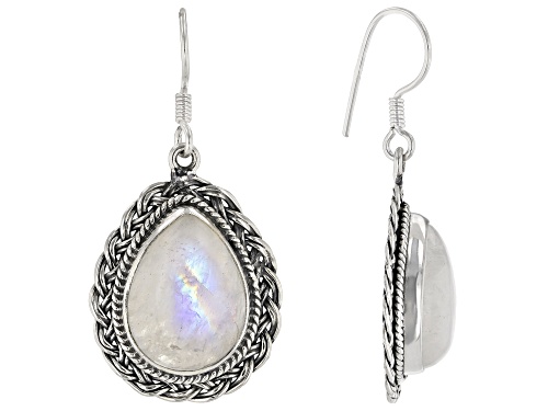 16x12mm Pear Shape Cabochon Rainbow Moonstone Sterling Silver Dangle Earrings