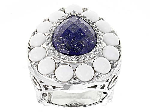 16x12mm Pear Shape Lapis With 5mm Round White Agate And .37ctw Rpund White Zircon Platineve Ring - Size 6