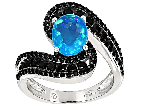 Photo of 1.00ct Oval Paraiba Blue Color Opal W/ 1.75ctw Round Black Spinel Sterling Silver Ring - Size 12