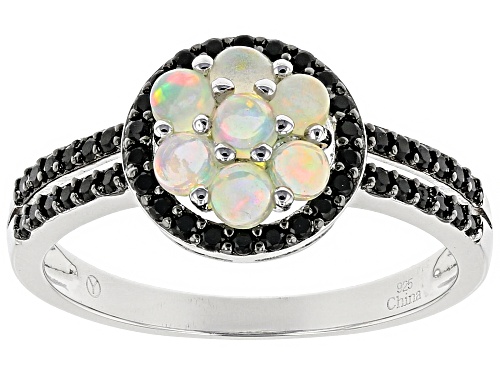 .69ctw Round Ethiopian Opal With .59ctw Round Black Spinel Rhodium Over Sterling Silver Cluster Ring - Size 8