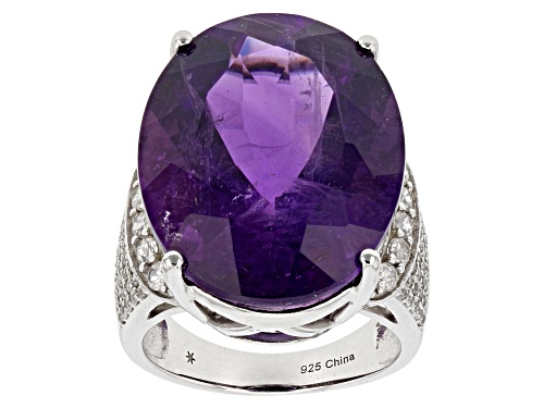 30.30ct Oval African Amethyst With 1.18ctw Round White Zircon Rhodium Over Sterling Silver Ring - Size 8