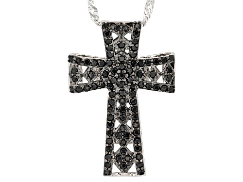 .85ctw Round Black Spinel Rhodium Over Sterling Silver Cross Pendant With Chain