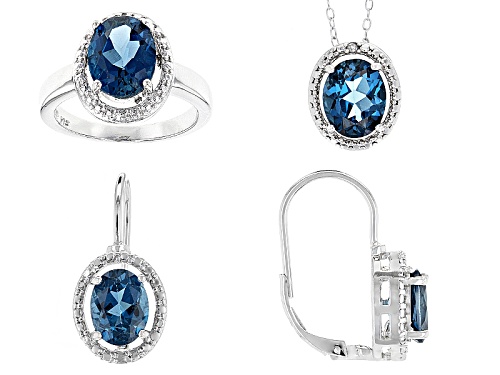 11.10ctw London Blue Topaz, .02ctw 4 Diamond Accent Silver Ring, Earrings And Pendant W/Chain Set