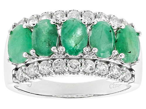 1.90ctw Oval Sakota Emerald With .70ctw Round White Zircon Rhodium Over Silver 5-Stone Band Ring - Size 6