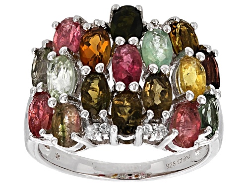 Photo of 4.03ctw Oval Multi-Tourmaline With .12ctw Round White Zircon Rhodium Over Silver Cluster Ring - Size 7