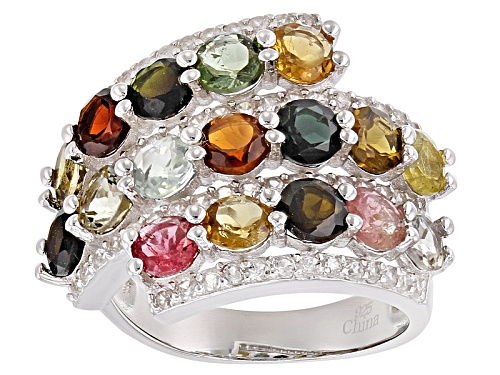 4.08ctw Round Multicolor Tourmaline W/ .86ctw Round White Zircon Sterling Silver Cluster Ring - Size 6