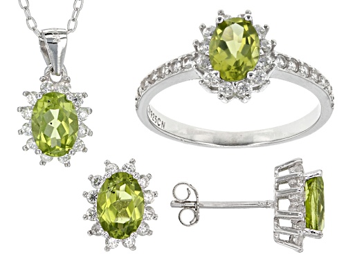 Photo of 5.41ctw Oval Peridot And  White Zircon Rhodium Over Silver Ring, Earrings And Pendant W/Chain Set