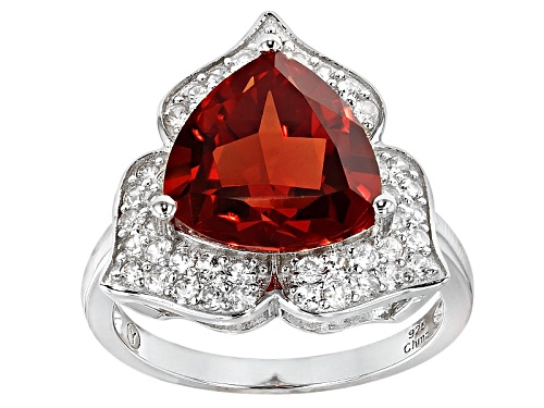 7.75ct Trillion Lab Created Padparadscha Color Sapphire With 1.05ctw Round White Zircon Silver Ring - Size 6