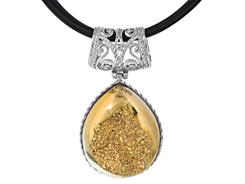 Pear Shape Golden Drusy Sterling Silver Pendant With Triple Strand Leather Cord
