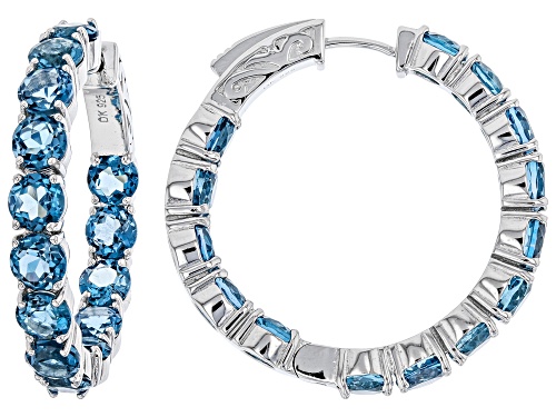15.10ctw Round London Blue Topaz Rhodium Over Sterling Silver Hoop Earrings