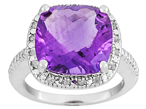 6.00ct Square Cushion Amethyst With .10ctw Round White Diamonds Sterling Silver Ring - Size 12