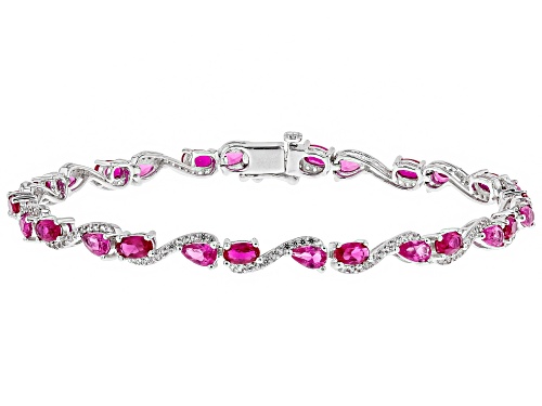 7.38ctw Lab Ruby, Pear Shape Lab Pink Sapphire And Lab White Sapphire Rhodium Over Silver Bracelet - Size 8
