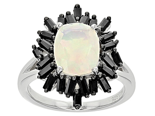 1.35ct Rectangular Cushion Ethiopian Opal And 1.00ctw Baguette Black Spinel Sterling Silver Ring - Size 5