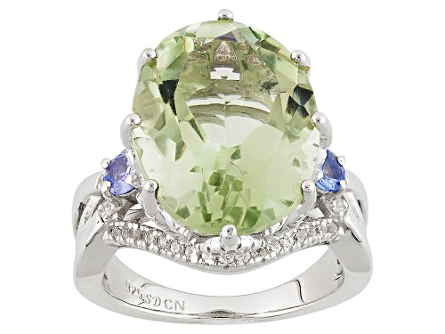 Photo of 8.00ct Prasiolite, .23ctw Tanzanite And .30ctw White Zircon Rhodium Over Sterling Silver Ring - Size 9