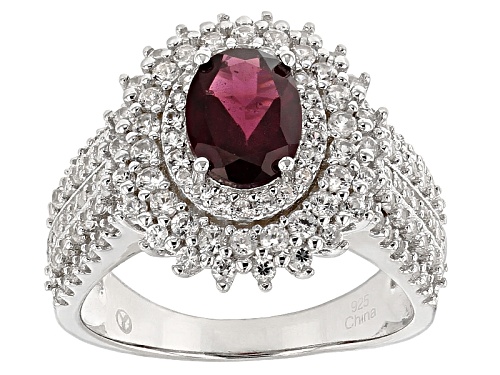 1.50ct Oval Raspberry Color Rhodolite And 1.90ctw Round White Zircon Sterling Silver Ring - Size 12
