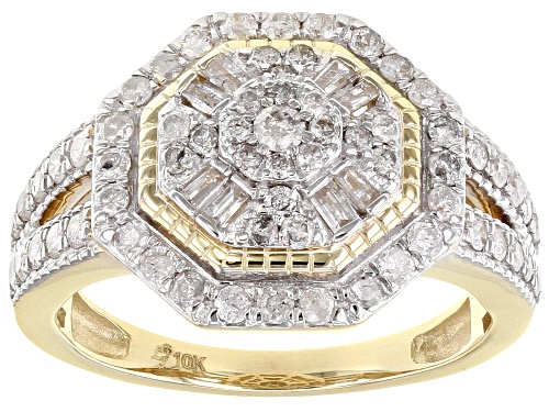 1.00ctw Round & Baguette White Diamond 10K Yellow Gold Cluster Ring - Size 7