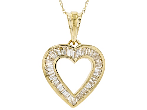 0.93ctw Baguette White Diamond 14K Yellow Gold Heart Pendant With 18 Inch Rope Chain