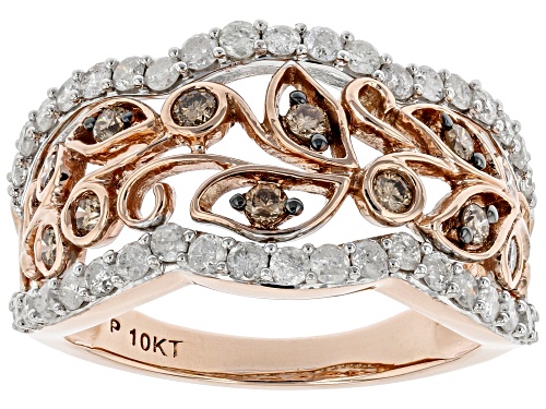1.00ctw Round Champagne And White Diamond 10K Rose Gold Wide Band Ring - Size 7