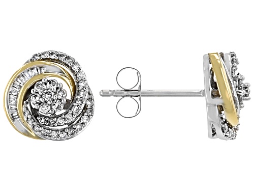 Photo of 0.33ctw Round And Baguette White Diamond 10K Two-Tone Gold Cluster Earrings