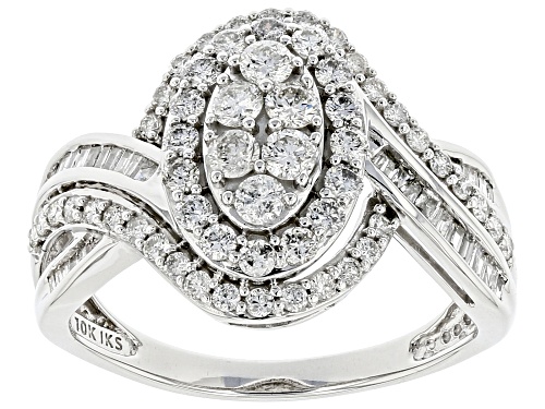 1.00ctw Round And Baguette White Diamond 10K White Gold Cluster Ring - Size 6