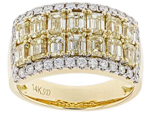 2.33ctw Emerald Cut And Round Natural Yellow And White Diamond 14K Yellow Gold Wide Band Ring - Size 7