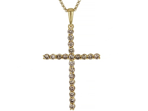 0.45ctw Round Champagne Diamond 14K Yellow Gold Over Sterling Silver Cross Pendant With Chain