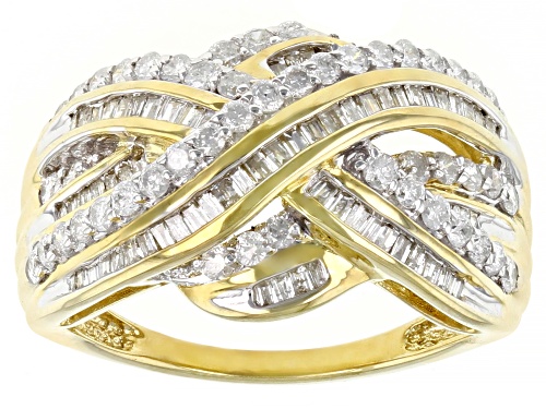 Photo of 1.00ctw Round And Baguette White Diamond 10k Yellow Gold Crossover Ring - Size 7