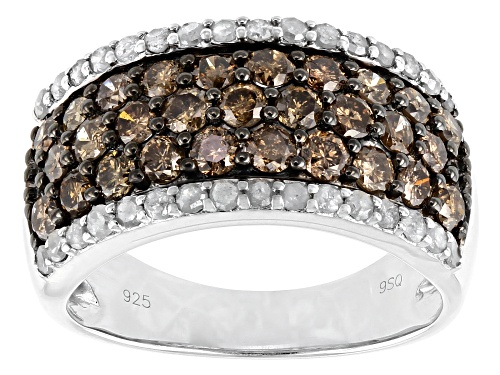 1.80ctw Round Champagne And White Diamond Rhodium Over Sterling Silver Wide Band Ring - Size 6