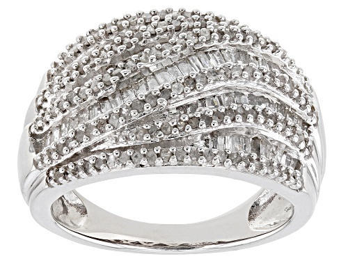 Photo of 1.00ctw Round And Baguette White Diamond Rhodium Over Sterling Silver Wide Band Ring - Size 6