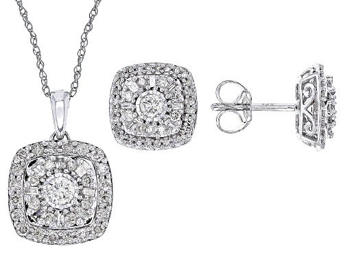 1.00ctw Round And Baguette White Diamond 10k White Gold Earrings And Pendant Set